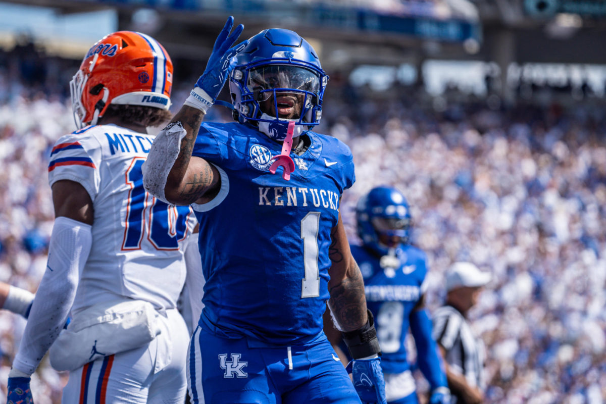Kentucky Wildcats running back Ray Davis (1) reacts to a first down during the Kentucky vs. Florida football game on Saturday, Sept. 30, 2023 at Kroger Field in Lexington, Kentucky. UK won 33-14. Photo by Isaiah Pinto | Staff