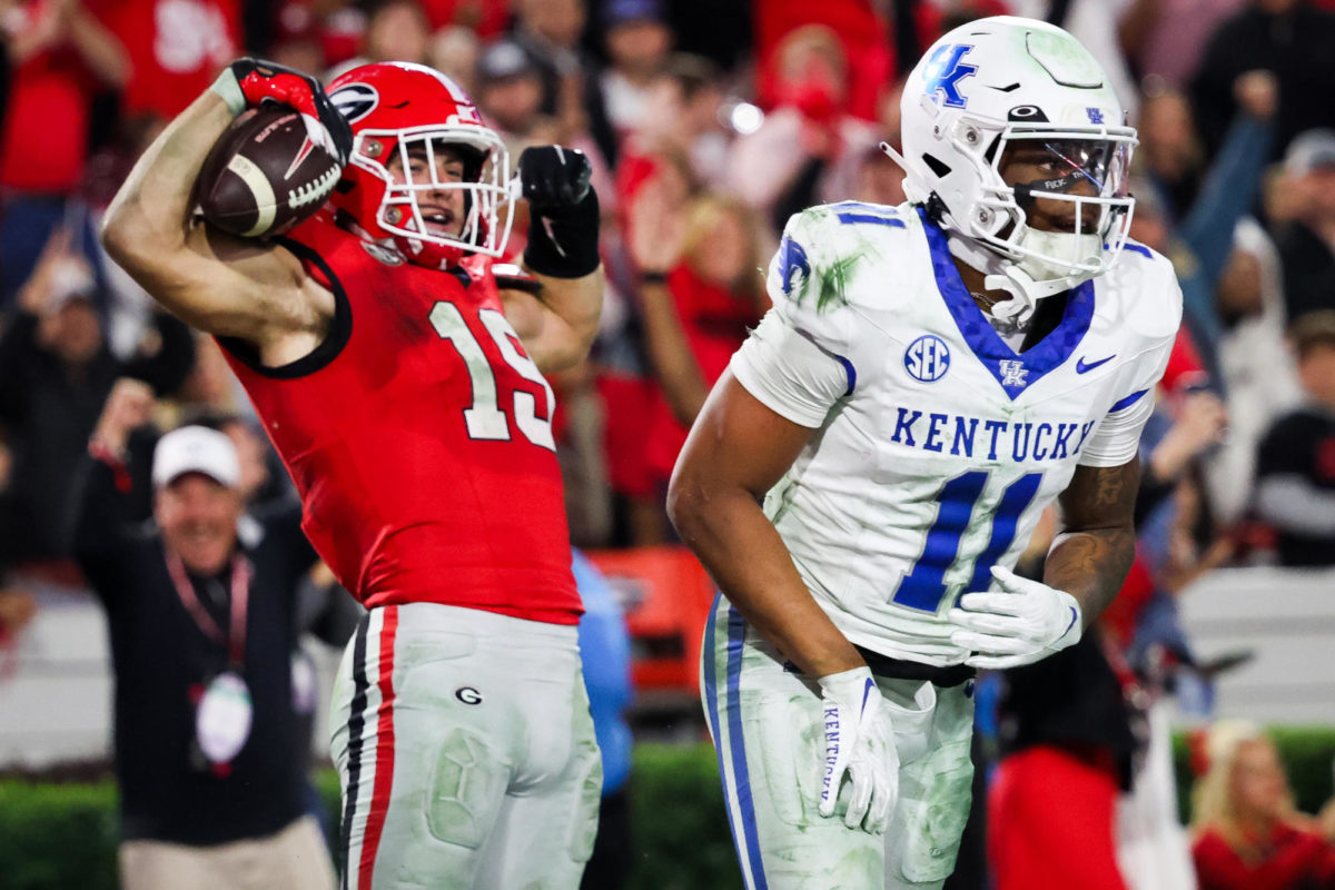 Georgia+tight+end+Brock+Bowers+%2819%29+celebrates+a+touchdown+during+the+Kentucky+vs.+Georgia+football+game+on+Saturday%2C+Oct.+7%2C+2023%2C+at+Sanford+Stadium+in+Athens%2C+Georgia.+Kentucky+lost+51-13.+Photo+by+Samuel+Colmar+%7C+Staff