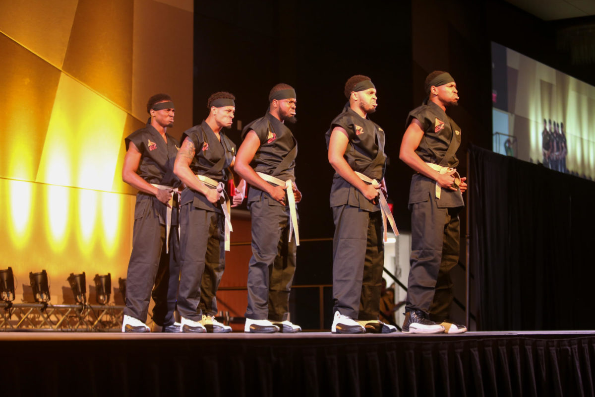 Members of the Alpha Phi Alpha Fraternity at the University of Kentucky performing at the universities National Pan-Hellenic Council Step Show on Friday, Oct. 13, 2023 at The Gatton Student Center in Lexington, Kentucky. Photo by Jenna Stewart | Staff