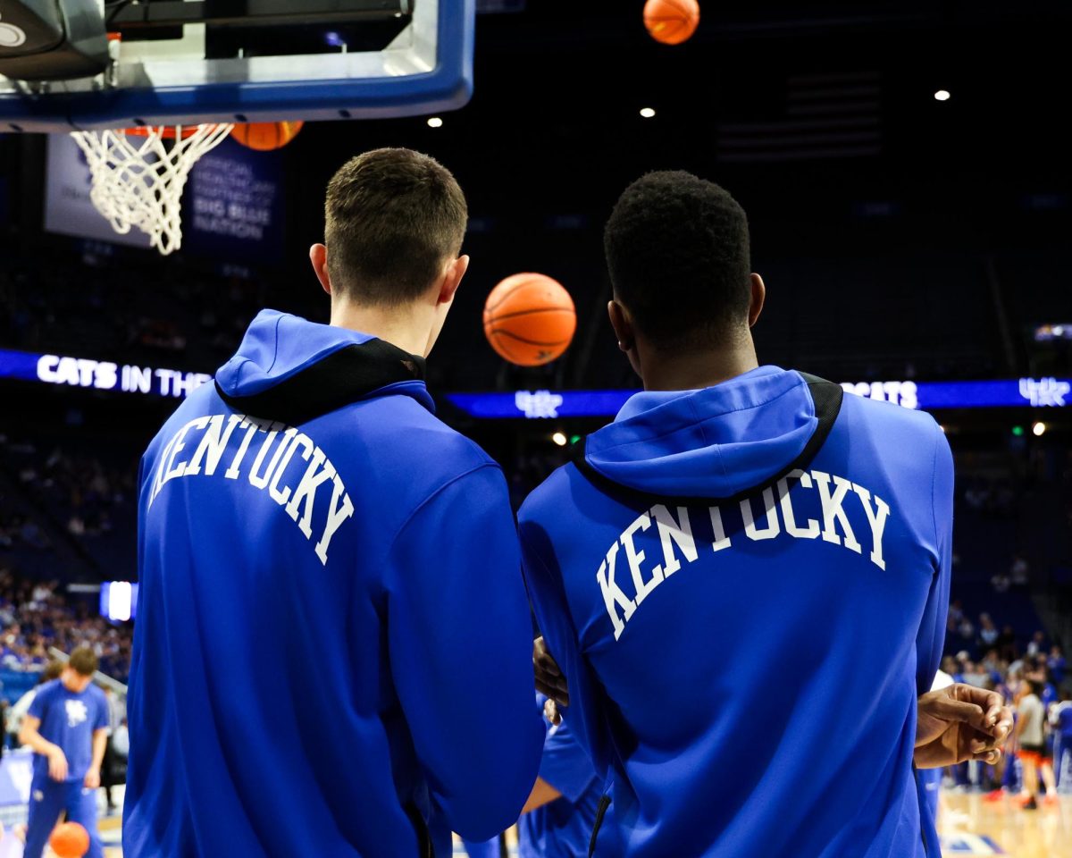 Kentucky players rebound during warmups before the Kentucky vs. Georgetown men’s basketball game on Friday, Oct. 27, 2023, at Rupp Arena in Lexington, Kentucky. Kentucky won 92-69. Photo by Abbey Cutrer | Staff