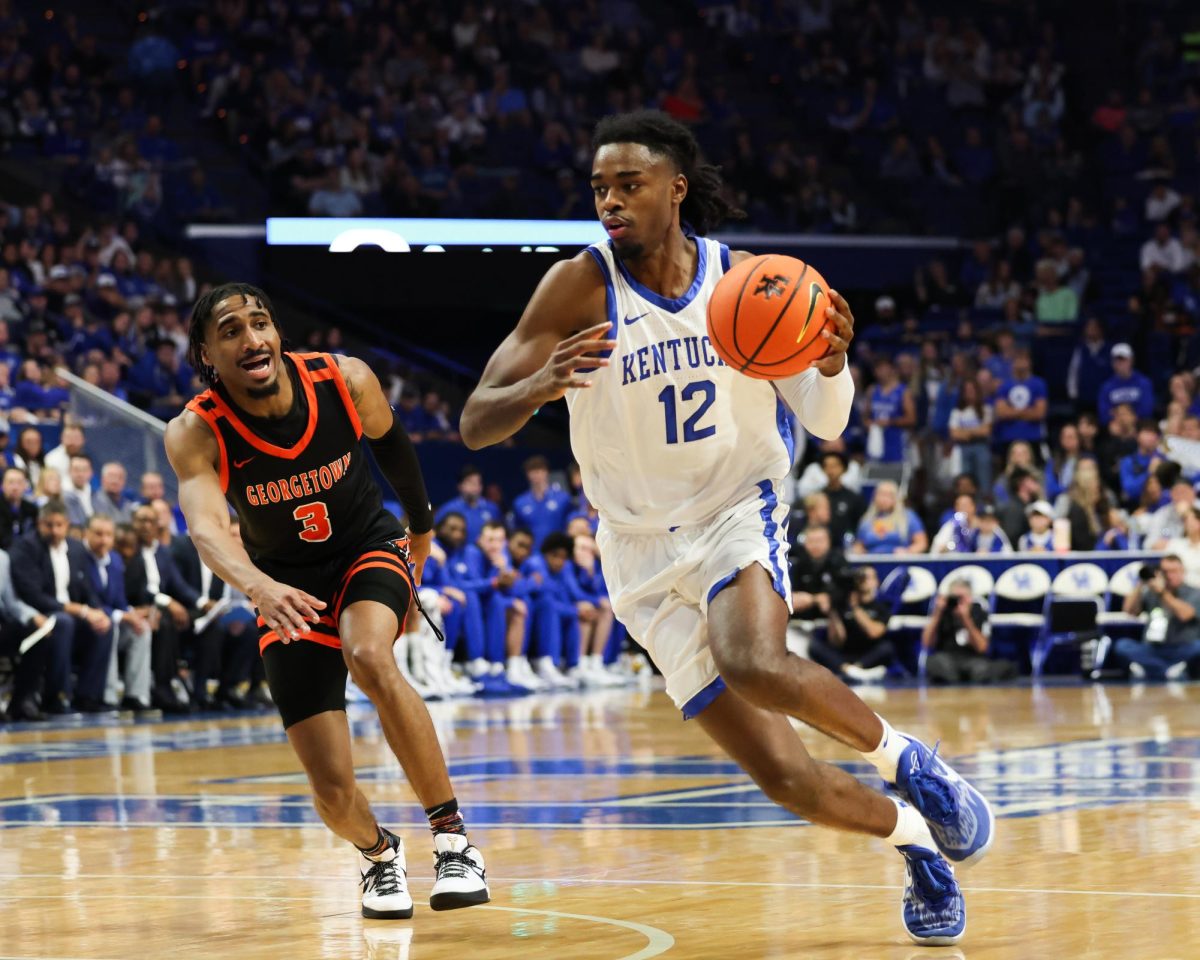 Kentucky Wildcats guard Antonio Reeves drives the ball during the Kentucky vs. Georgetown mens basketball game on Friday, Oct. 27, 2023, at Rupp Arena in Lexington, Kentucky. Kentucky won 92-69. Photo by Abbey Cutrer | Staff