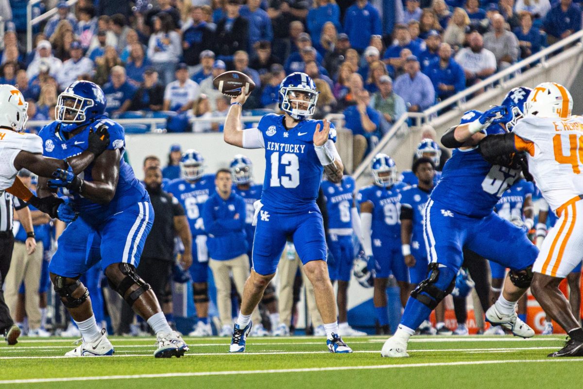 Kentucky quarterback Devin Leary loads up to throw during the Kentucky vs. Missouri football game on Saturday, Oct. 28, 2023, at Kroger Field in Lexington, Kentucky. Kentucky lost 33-27. Photo by Isaiah Pinto | Staff