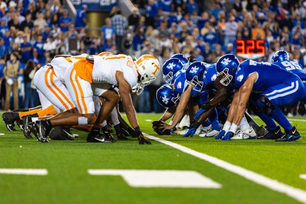 Kentucky lines up against Tennessee during Kentucky vs. Missouri football game on Saturday, Oct. 28, 2023, at Kroger Field in Lexington, Kentucky. Kentucky lost 33-27. Photo by Isaiah Pinto | Staff