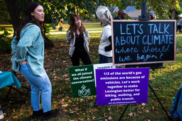 Lexington Third District Councilmember Hannah LeGris talks at the Climate Conversations table during the first day of the sixth annual Tree Week event on Friday, Oct. 7, 2023, at Castlewood Park in Lexington, Kentucky. Photo by Samuel Colmar | Staff