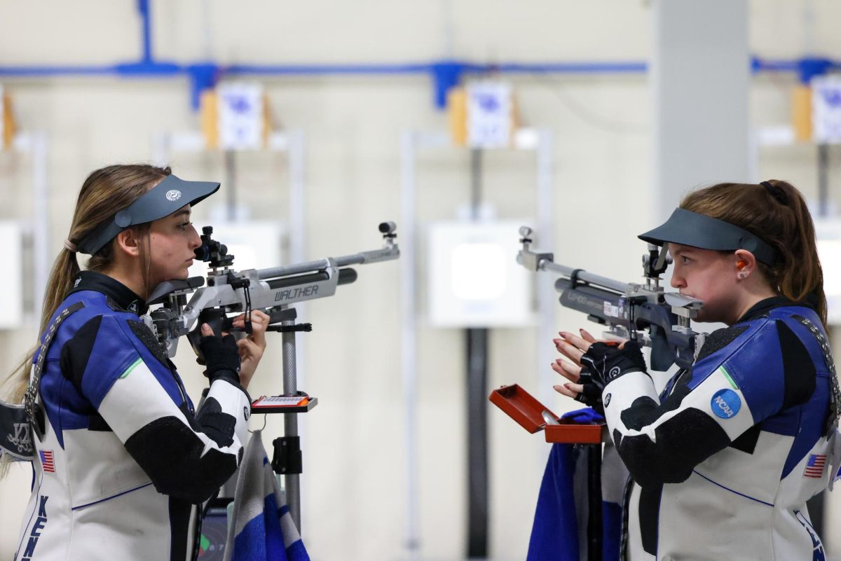 Kentucky fifth year Emmie Sellers and junior Allison Buesseler prepare shots during the Kentucky vs. Ole Miss rifle match on Sunday, Nov. 5, 2023, at the Buell Armory in Lexington, Kentucky. Kentucky won 4718-4707. Photo by Sydney Yonker | Staff