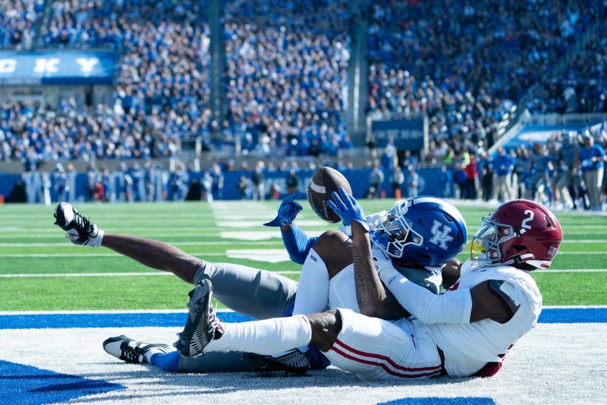 Kentucky wide receiver Dekel Crowdus catches the ball In the end zone during the Kentucky vs. Alabama football game on Saturday, Nov. 11, 2023, at Kroger Field in Lexington, Kentucky. Kentucky lost 49-21. Photo by Travis Fannon | Staff