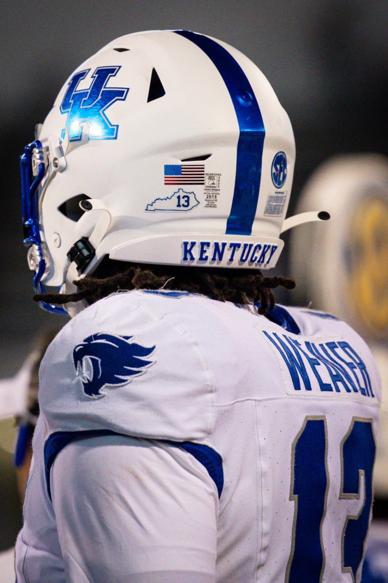 Kentucky linebacker J.J. Weaver (13) watches the game during the Kentucky vs. Mississippi State football game on Saturday, Nov. 4, 2023, at Davis Wade Stadium in Starkville, Mississippi. Photo by Isaiah Pinto | Staff