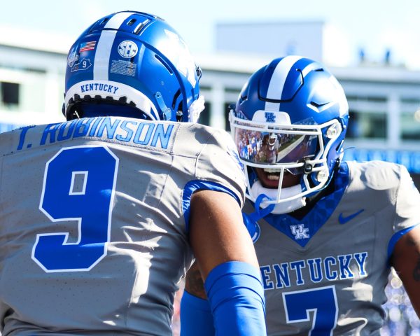 Kentucky wide receivers Barion Brown and Tayvion Robinson celebrate after a touchdown during the Kentucky vs. Alabama football game on Saturday, Nov. 11, 2023, at Kroger Field in Lexington, Kentucky. Photo Abbey Cutrer | Staff