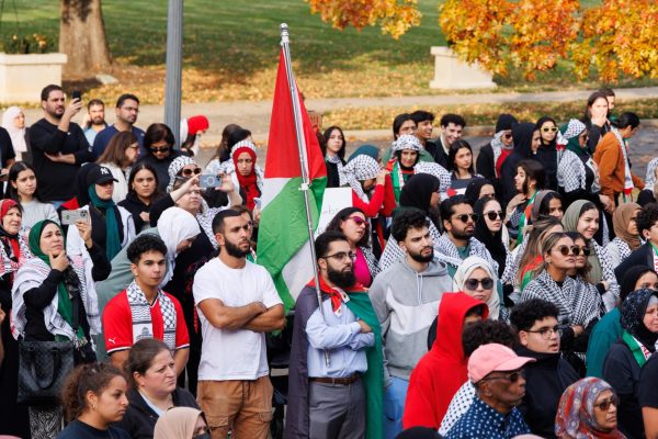 Protesters join at the Kentucky State Capital in protest of the ongoing conflict between Israel and Palestine on Nov 7, 2023, in Frankfort Kentucky. Photo by Matthew Mueller | Staff