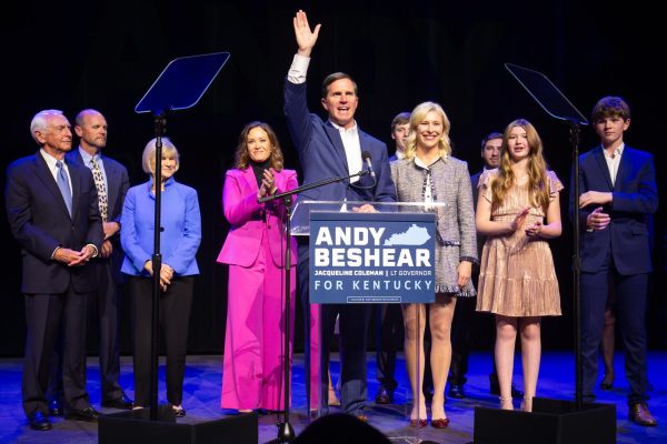 Incumbent Democratic Governor Andy Beshear gives his acceptance speech after winning the 2023 Gubernatorial race at Old Forester’s Paristown Hall on Tuesday, Nov. 7, 2023, in Louisville, Kentucky. Photo by Samuel Colmar | Staff