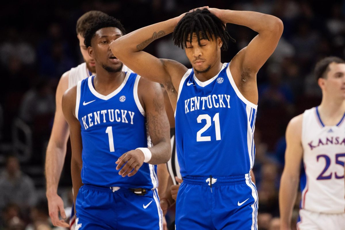 Kentucky guards Justin Edwards (1) and D.J. Wagner (21) react to a play during the No. 17 Kentucky vs. No. 1 Kansas mens basketball game on Tuesday, Nov. 14, 2023, in the State Farm Champions Classic at the United Center in Chicago, Illinois. Photo by Brady Saylor | Staff