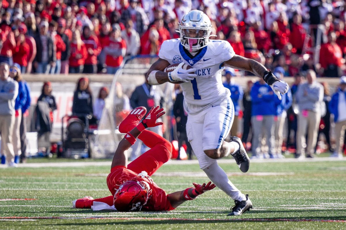 Kentucky running back Ray Davis (1) runs with the ball during the Kentucky vs. Louisville football game on Saturday, Nov. 25, 2023, at L&N Federal Credit Union Stadium in Louisville, Kentucky. Kentucky won 38-31. Photo by Samuel Colmar | Staff