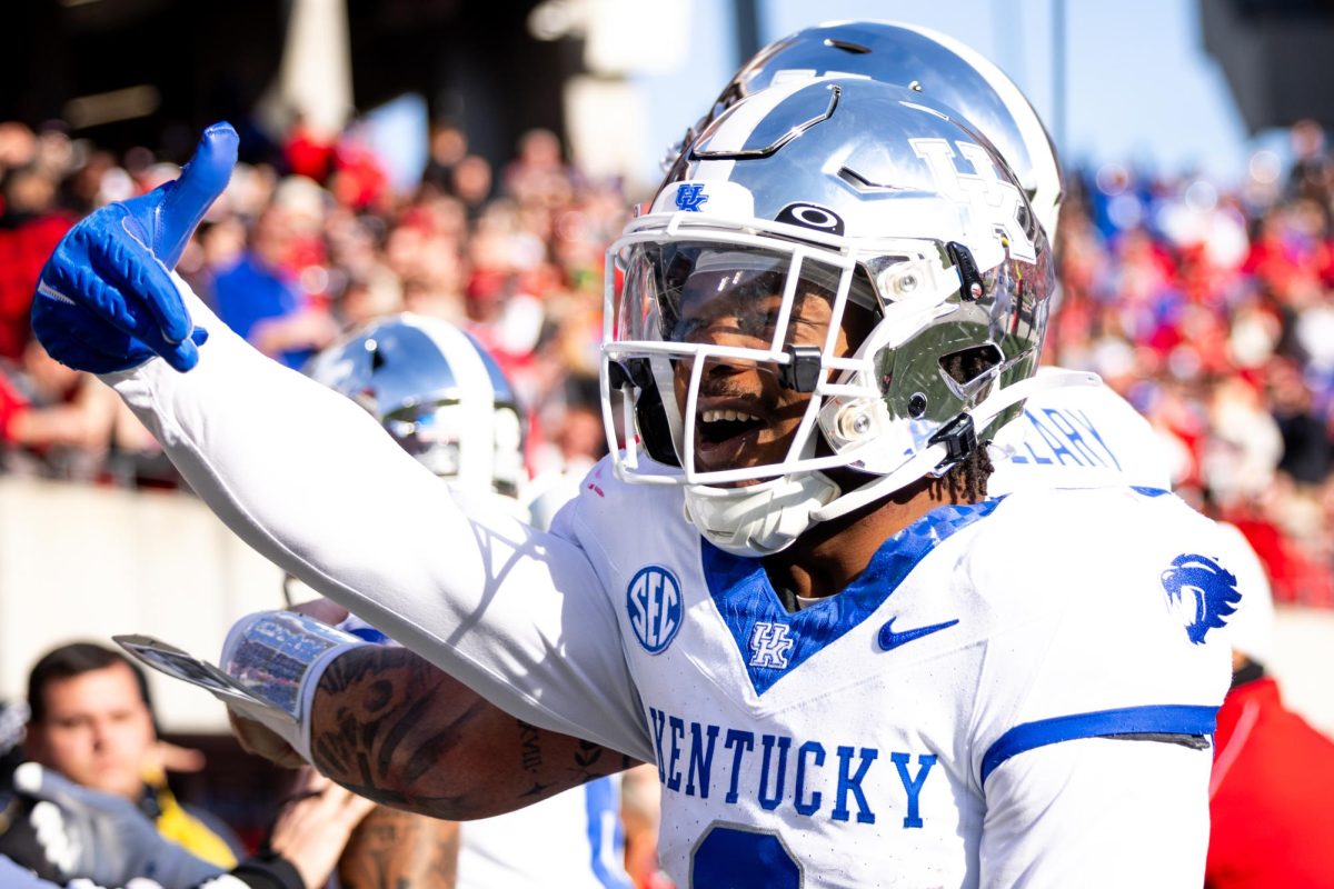 Kentucky running back Demie Sumo-Karngbaye (0) celebrates during the Kentucky vs. Louisville football game on Saturday, Nov. 25, 2023, at L&N Federal Credit Union Stadium in Louisville, Kentucky. Photo by Samuel Colmar | Staff