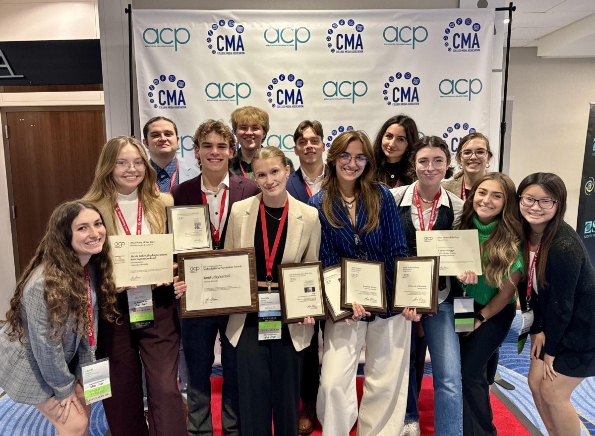 Members of the Kentucky Kernel staff pose with their Pacemaker awards on Monday, Oct. 30, 2023 at the Hyatt Regency Hotel in Atlanta, GA. Photo by Ryan Craig.