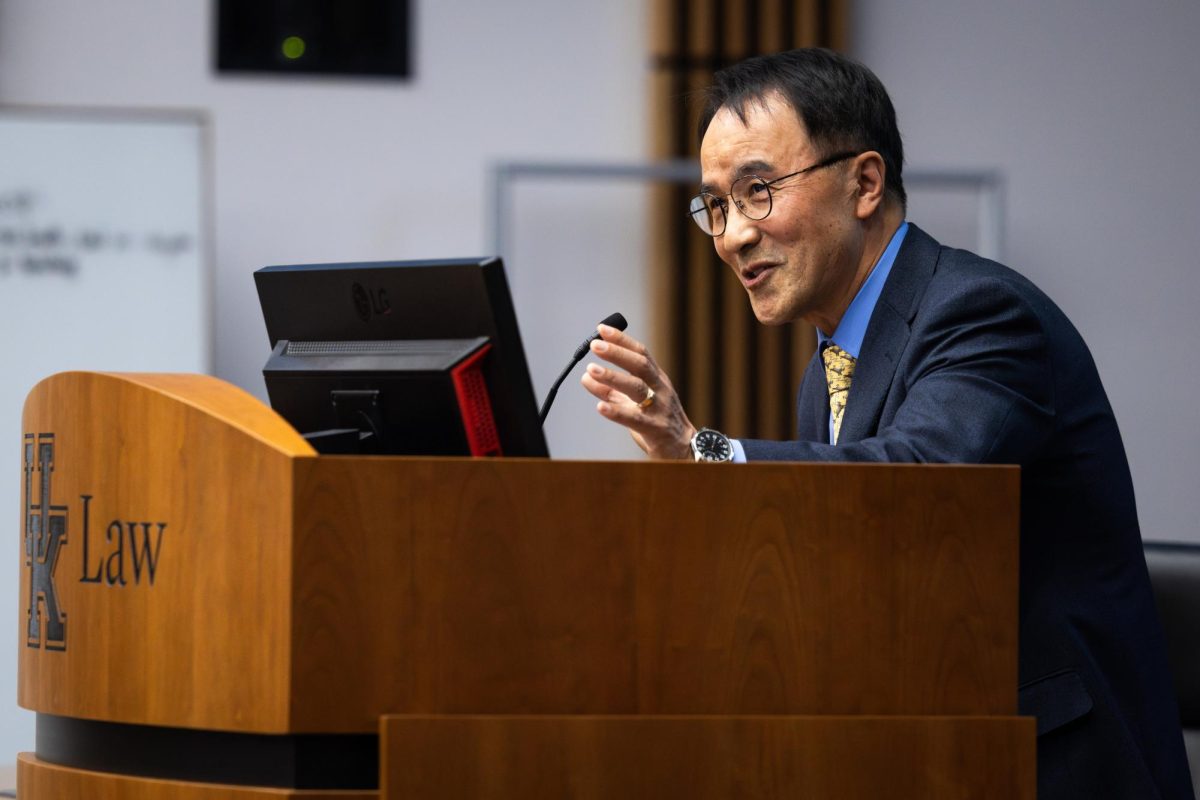 Dr. Kyu Ho Youm speaks during the State of the First Amendment Address on Thursday, Nov. 2, 2023, at the Rosenberg College of Law in Lexington, Kentucky. Photo by Samuel Colmar