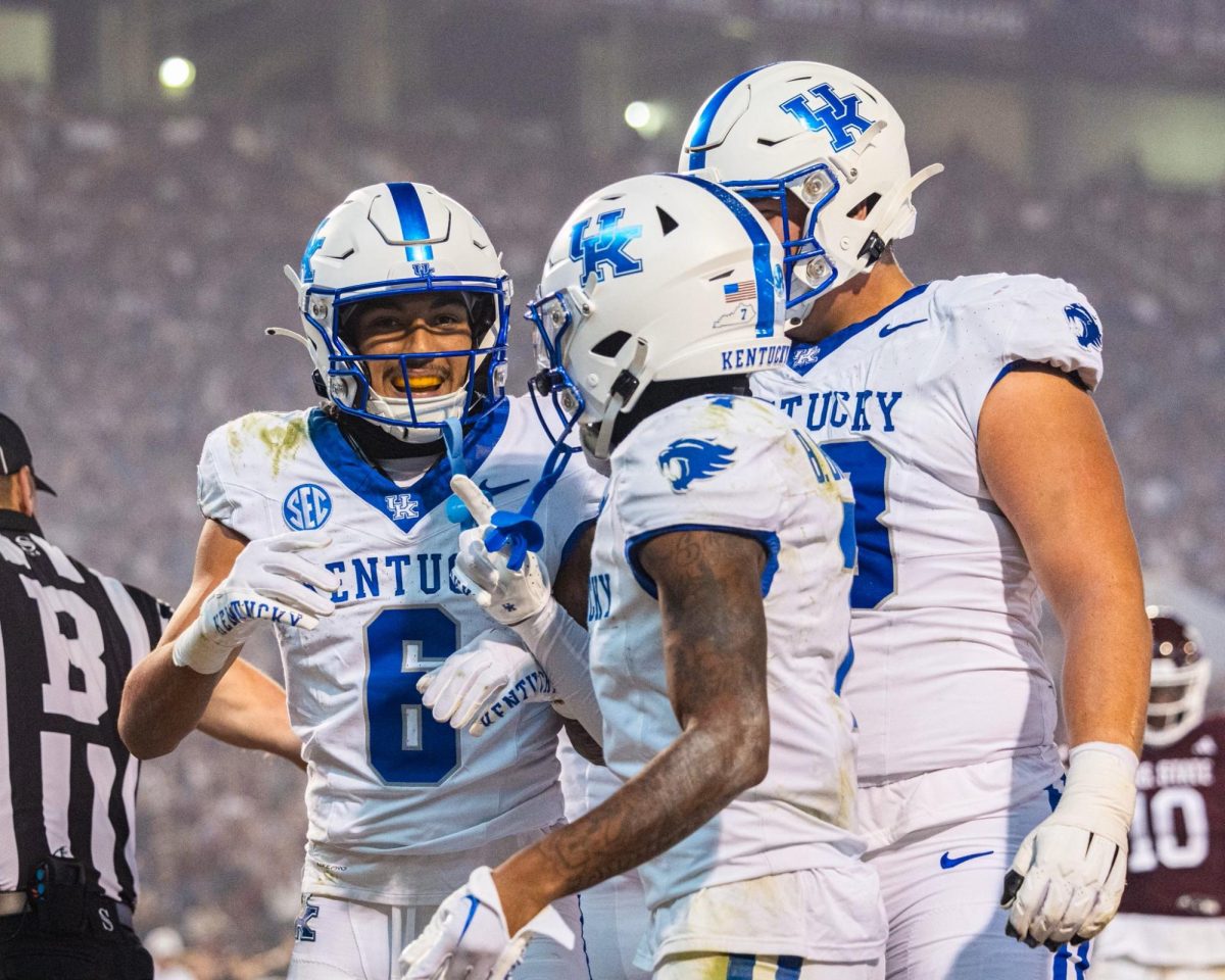 Kentucky+Wildcats+wide+receivers+Barion+Brown+%287%29+and+Dane+Key+%286%29+celebrate+a+touchdown+during+the+Kentucky+vs.+Mississippi+State+football+game+on+Saturday%2C+Nov.+4%2C+2023%2C+at+Davis+Wade+Stadium+in+Starkville%2C+Mississippi.+Photo+by+Isaiah+Pinto+%7C+Staff