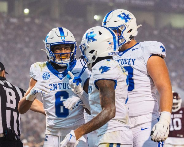 Kentucky Wildcats wide receivers Barion Brown (7) and Dane Key (6) celebrate a touchdown during the Kentucky vs. Mississippi State football game on Saturday, Nov. 4, 2023, at Davis Wade Stadium in Starkville, Mississippi. Photo by Isaiah Pinto | Staff