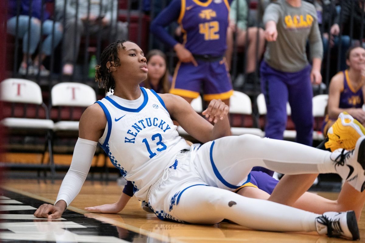 Kentucky+forward+Ajae+Petty+%2813%29+falls+during+the+Kentucky+vs%2C+Tennessee+Tech+womens+basketball+game+Monday%2C+Dec.+4%2C+2023%2C+at+the+Clive+M.+Beck+Center+in+Lexington%2C+Kentucky.+Kentucky+won+73-67.+Photo+by+Travis+Fannon+%7C+Staff