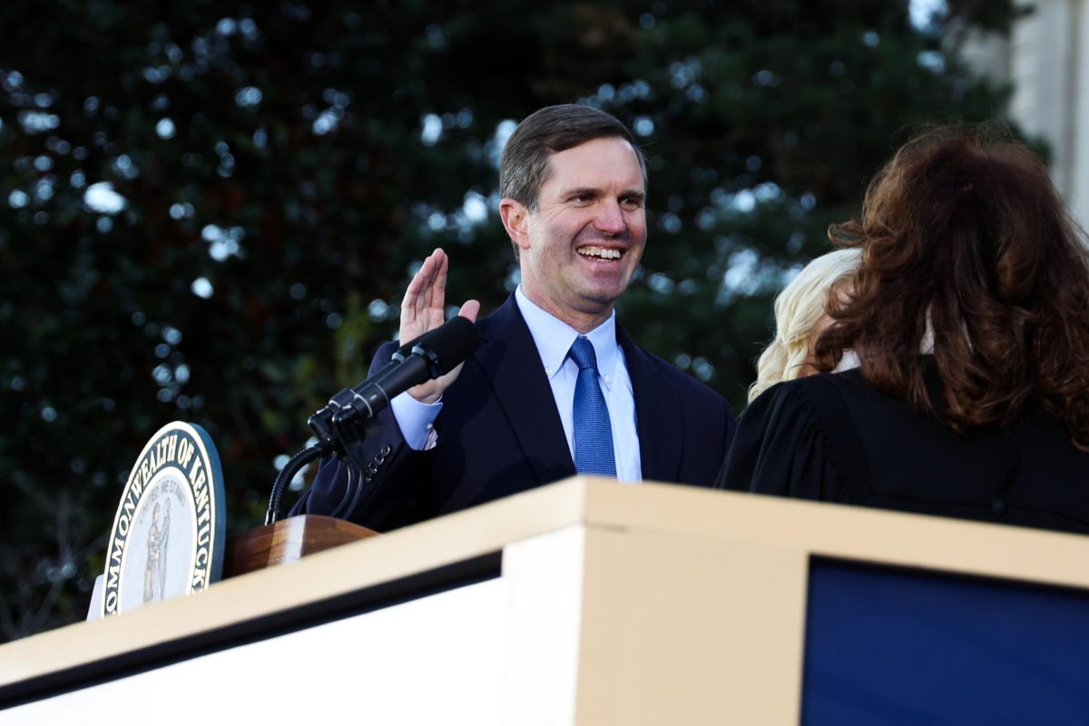 Gov. Andy Beshear is sworn in during the 62nd Kentucky inauguration ceremony on Tuesday, Dec. 12, 2023, at the Kentucky State Capitol in Frankfort, Kentucky. Photo by Abbey Cutrer | Staff