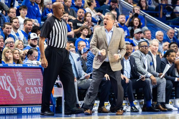 Kentucky head coach John Calipari argues with a referee during the Kentucky vs. North Carolina Wilmington mens basketball game on Saturday, Dec. 2, 2023, at Rupp Arena in Lexington, Kentucky. Photo by Samuel Colmar | Staff