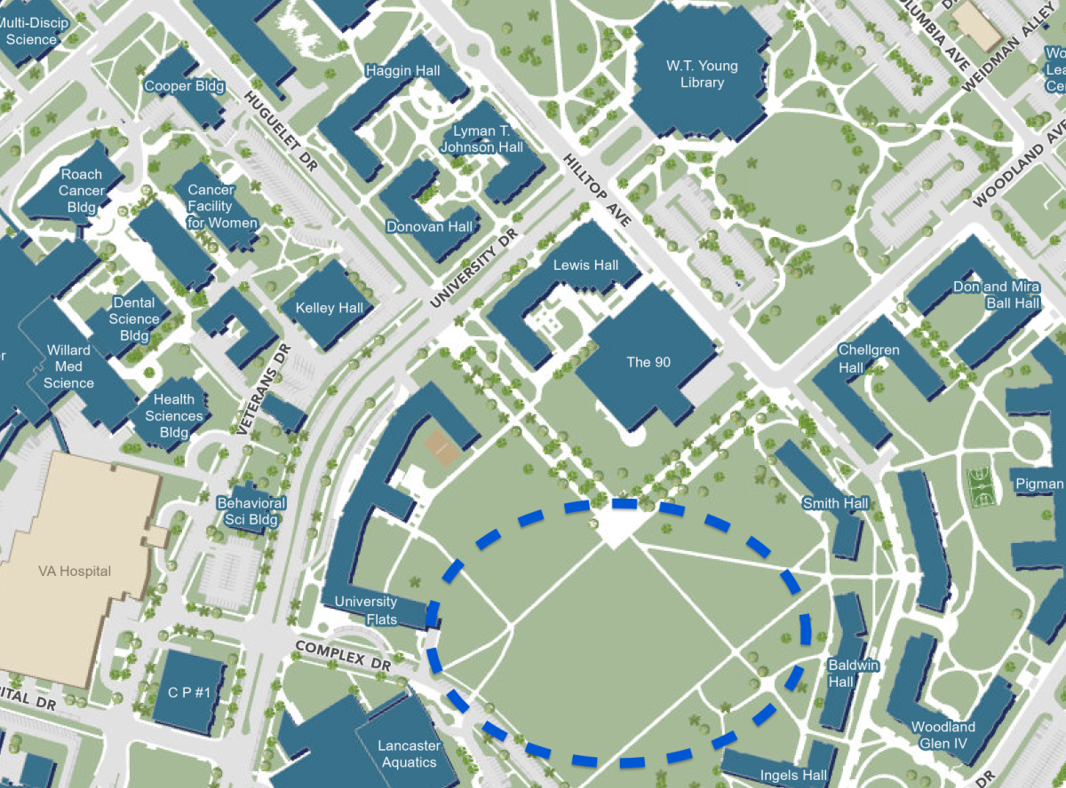 A blue circle outlines the area behind the University Flats where a four-story dorm awaits building plans. The build is awaiting legislative approval as the University of Kentucky has seen an influx in enrollment and demand for on-campus housing. (December 2023) Illustration by Abbey Cutrer.