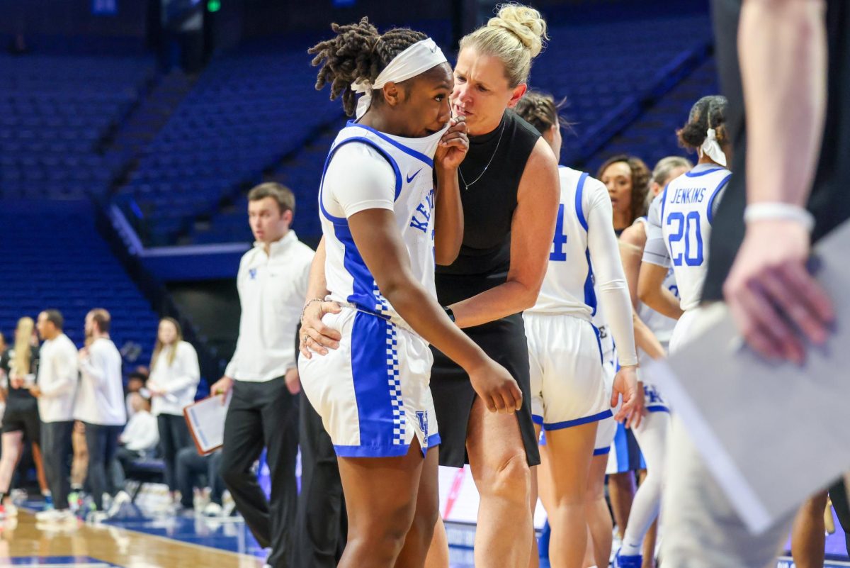 Kentucky guard Saniah Tyler is coached by assistant coach Jen Hoover during the Kentucky vs. Vanderbilt women’s basketball game on Thursday, Jan. 11, 2024, at Rupp Arena in Lexington, Kentucky. Kentucky lost 95-73. Photo by Sydney Yonker | Staff