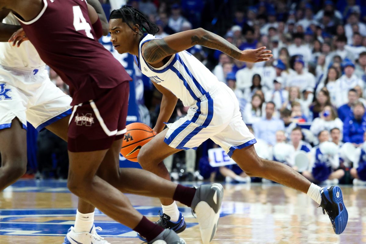 Kentucky guard Rob Dillingham dribbles the ball during the Kentucky vs. Mississippi State men’s basketball game on Wednesday, Jan. 17, 2024, at the Rupp Arena in Lexington, Kentucky. Photo by Abbey Cutrer | Staff