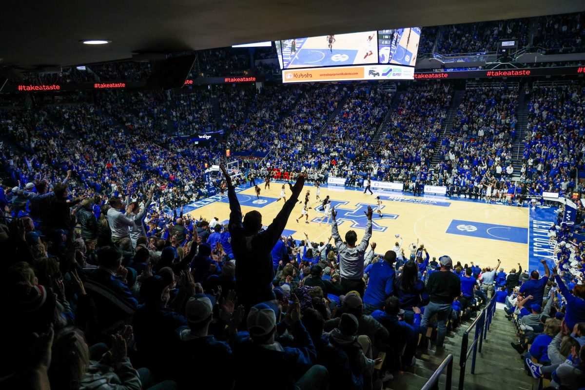 Kentucky fans cheer after Kentucky forward Zvonimir Ivisic hits a 3-point shot during the Kentucky vs. Georgia men’s basketball game on Saturday, Jan. 20, 2024, at Rupp Arena in Lexington, Kentucky. Kentucky won 105-96. Photo by Abbey Cutrer | Staff