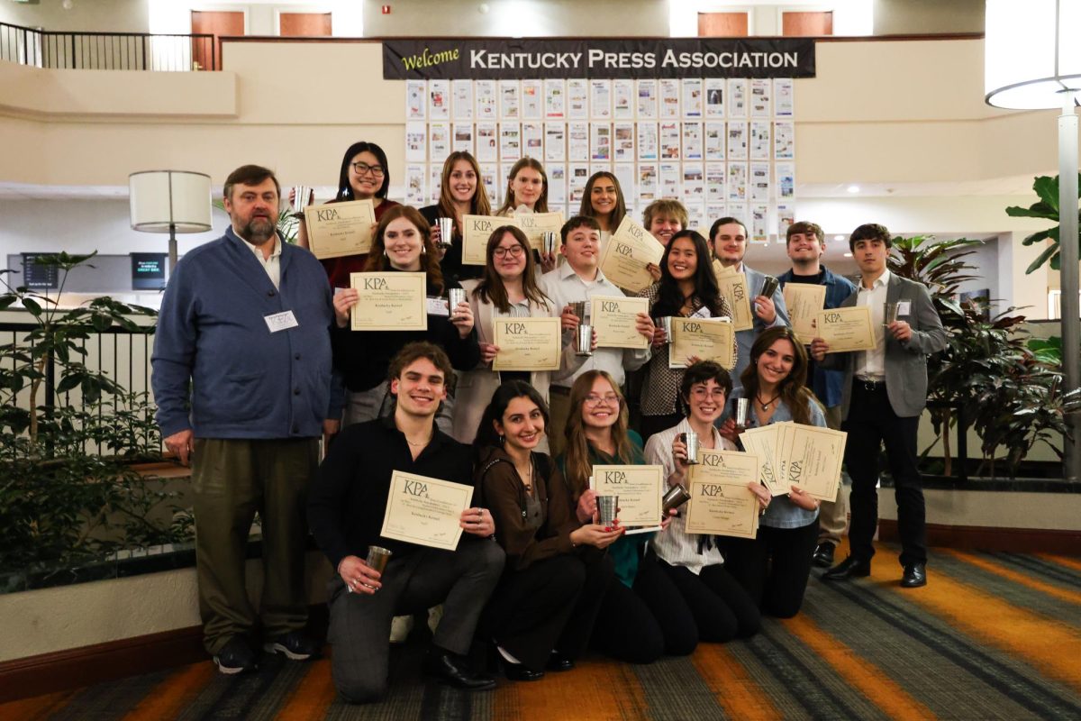 The+Kentucky+Kernel+staff+poses+with+its+awards+from+the+Kentucky+Press+Association+News+Excellence+awards+on+Friday%2C+Jan.+26%2C+2024%2C+at+the+Holiday+Inn+University+Plaza+in+Bowling+Green%2C+Kentucky.+Photo+by+David+Stephenson