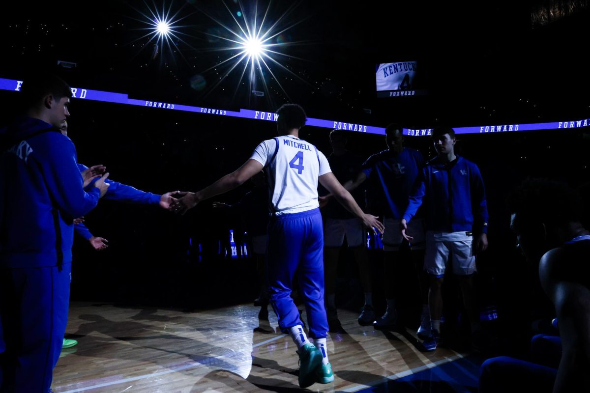 Kentucky forward Tre Mitchell is introduced before the Kentucky vs. Mississippi State men’s basketball game on Wednesday, Jan. 17, 2024, at Rupp Arena in Lexington, Kentucky. Kentucky won 90-77. Photo by Abbey Cutrer | Staff