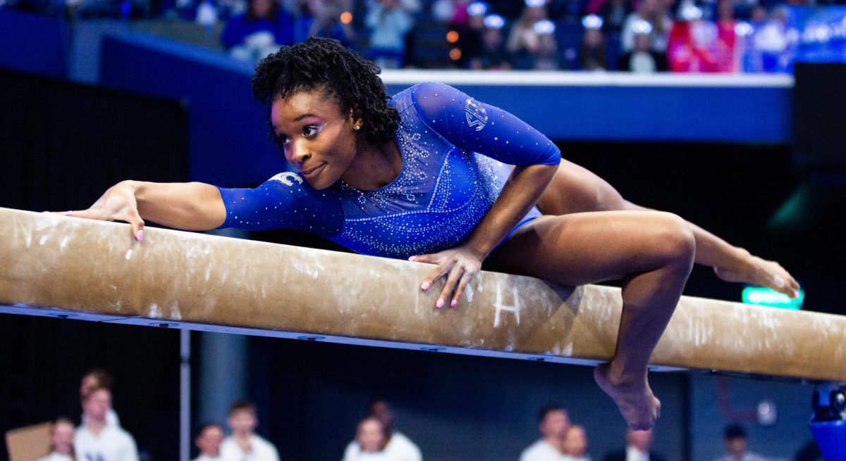 Arianna Patterson performs her beam routine during the No. 7 Kentucky vs. No. 18 Georgia gymnastics meet on Friday, January 26, 2024, at Rupp Arena in Lexington, Kentucky. Kentucky won 197.950-195.650. Photo by Brady Saylor | Staff