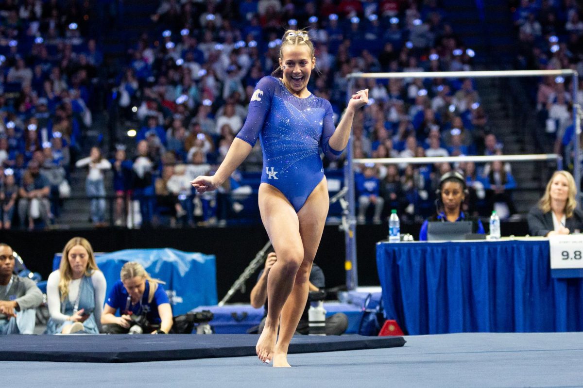 Delaynee Rodriguez performs her floor routine during the No. 7 Kentucky vs. No. 18 Georgia gymnastics meet on Friday, January 26, 2024, at Rupp Arena in Lexington, Kentucky. Kentucky won 197.950-195.650. Photo by Brady Saylor | Staff