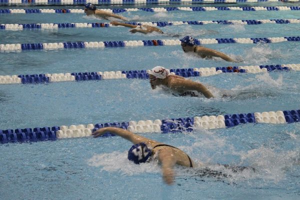 Kentucky and Alabama swimmers compete in a meet on Saturday, Jan. 13, 2024, at the Lancaster Aquatic Center in Lexington, Kentucky. Photo by Jenna Lifshen | Staff