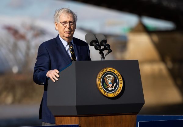 Senate Minority Leader Mitch McConnell speaks at an event during President Biden’s visit to Kentucky to discuss infrastructure on Wednesday, Jan. 4, 2023, near the Brent Spence Bridge in Covington, Kentucky. Photo by Jack Weaver | File