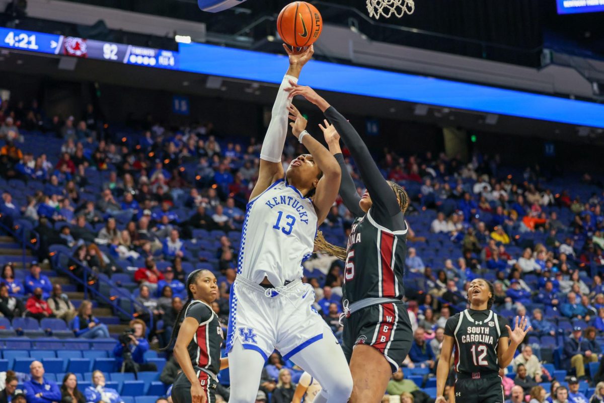 Kentucky forward Ajae Petty goes up with the ball during the Kentucky vs. South Carolina women’s basketball game on Sunday, Feb. 25, 2024, at Rupp Arena in Lexington, Kentucky. Kentucky lost 103-55. Photo by Sydney Yonker | Staff