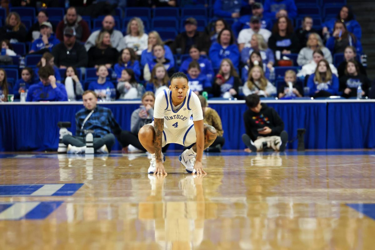 Kentucky guard Eniya Russell gets ready for the next play during the Kentucky vs Florida women’s basketball game on Sunday, Feb. 18, 2024, at Rupp Arena in Lexington, Kentucky. Kentucky won 81-77. Photo by Sydney Yonker | Staff