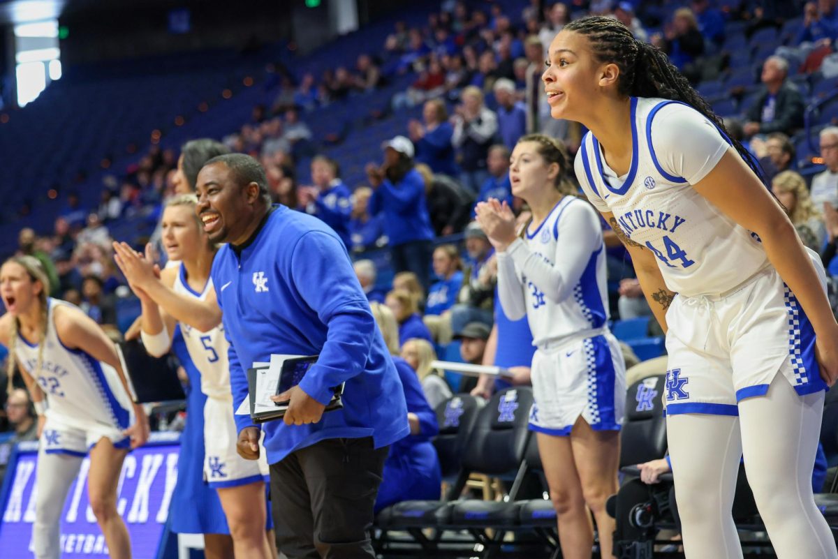 The Kentucky bench cheers during the Kentucky vs Florida women’s basketball game on Sunday, Feb. 18, 2024, at Rupp Arena in Lexington, Kentucky. Kentucky won 81-77. Photo by Sydney Yonker | Staff