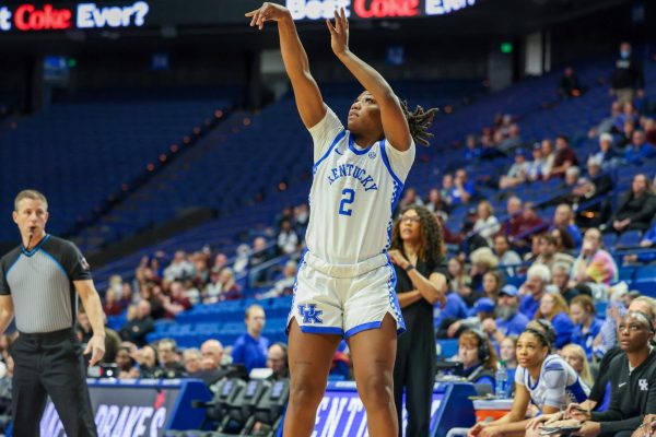 Kentucky guard Saniah Tyler takes a shot during the Kentucky vs. Mississippi State women’s basketball game on Thursday, Feb. 1, 2024, at Rupp Arena in Lexington, Kentucky. Kentucky lost 77-74. Photo by Sydney Yonker | Staff