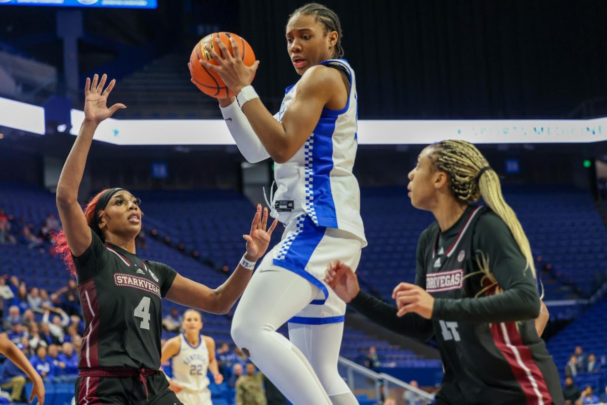 Kentucky forward Ajae Petty comes down with a rebound during the Kentucky vs. Mississippi State women’s basketball game on Thursday, Feb. 1, 2024, at Rupp Arena in Lexington, Kentucky. Kentucky lost 77-74. Photo by Sydney Yonker | Staff