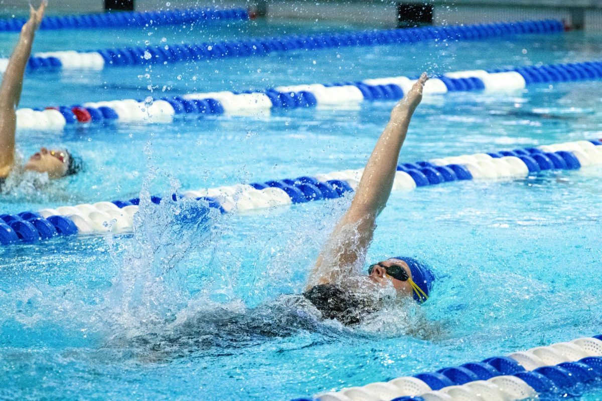 A Kentucky womens swimmer competes during the Kentucky Swim & Dive Senior Night and meet against the University of Cincinnati on Friday, Feb. 2, 2024, at the Lancaster Aquatic Center in Lexington, Kentucky. Kentucky Mens swim & dive won 186-111, while Kentucky Womens swim & dive won 207-93. Photo by Cameron Guagenti