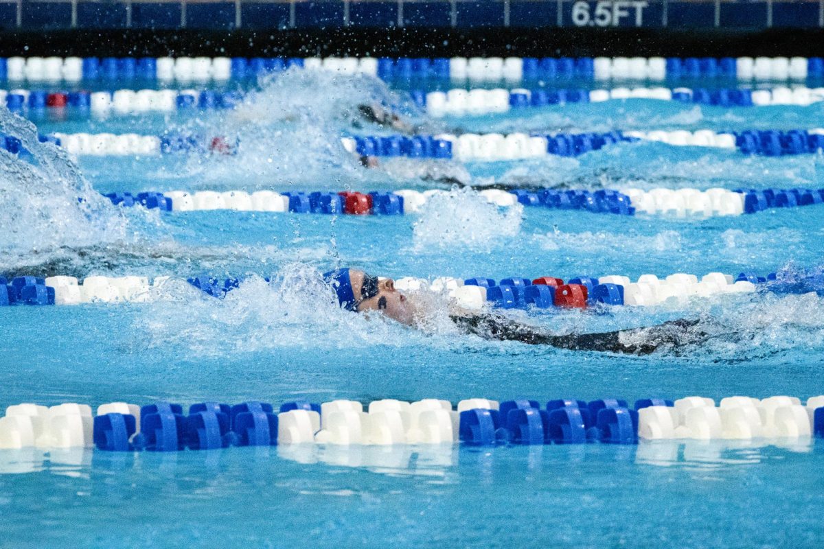 A Kentucky womens swimmer competes during the Kentucky Swim & Dive Senior Night and meet against the University of Cincinnati on Friday, Feb. 2, 2024, at the Lancaster Aquatic Center in Lexington, Kentucky. Kentucky Mens swim & dive won 186-111, while Kentucky Womens swim & dive won 207-93. Photo by Cameron Guagenti
