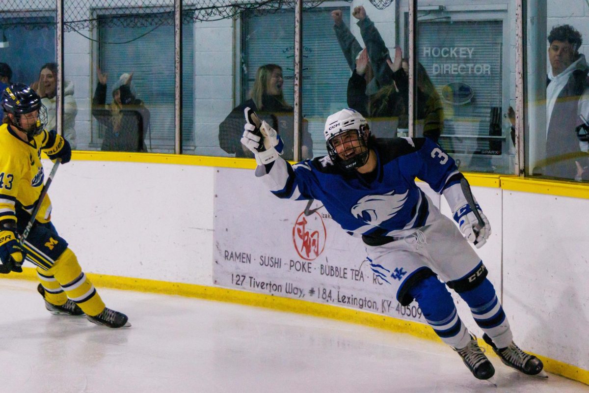 Kentucky center Marc L'Heureux (37) celebrates during the Kentucky vs. Michigan hockey game on Saturday, Feb. 3, 2023, at the Lexington Ice and Recreation center in Lexington, Kentucky. Kentucky won 4-1. Photo by Matthew Mueller | Staff