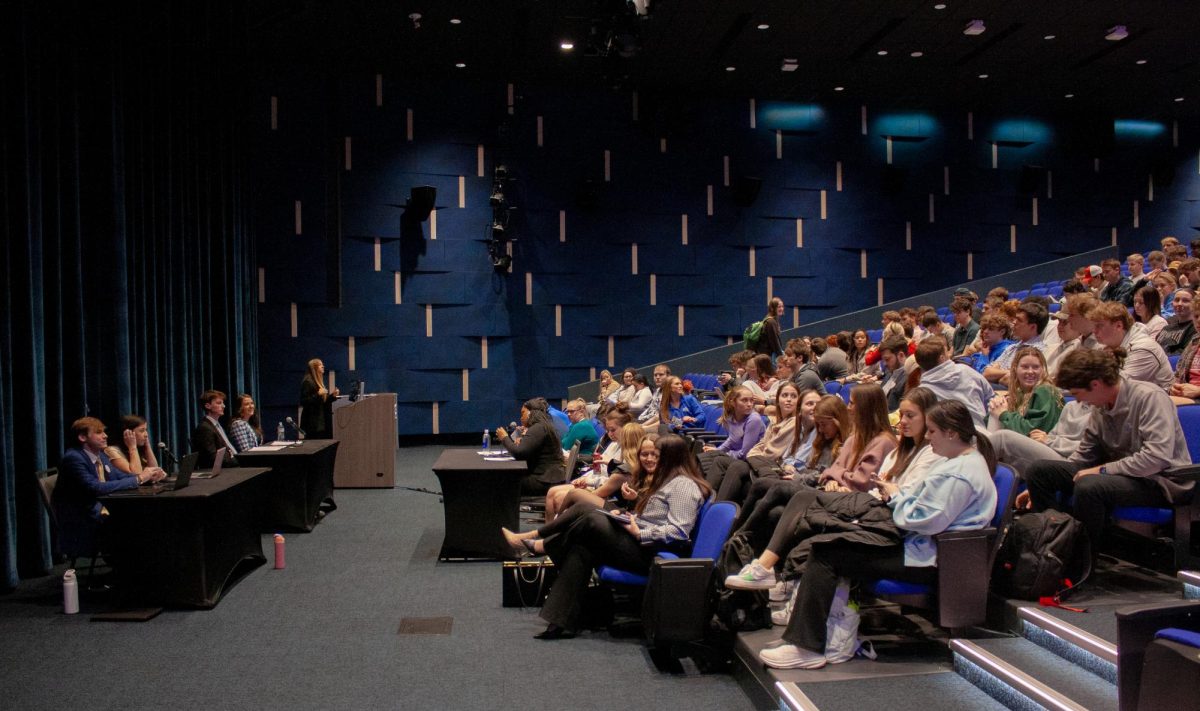 Participants gather in the Worsham Cinema to listen to the debate between SGA’s candidates for President and Vice President on Feb. 20, 2024, in Lexington, Kentucky, at the University of Kentucky. Photo by Christian Kantosky | Staff