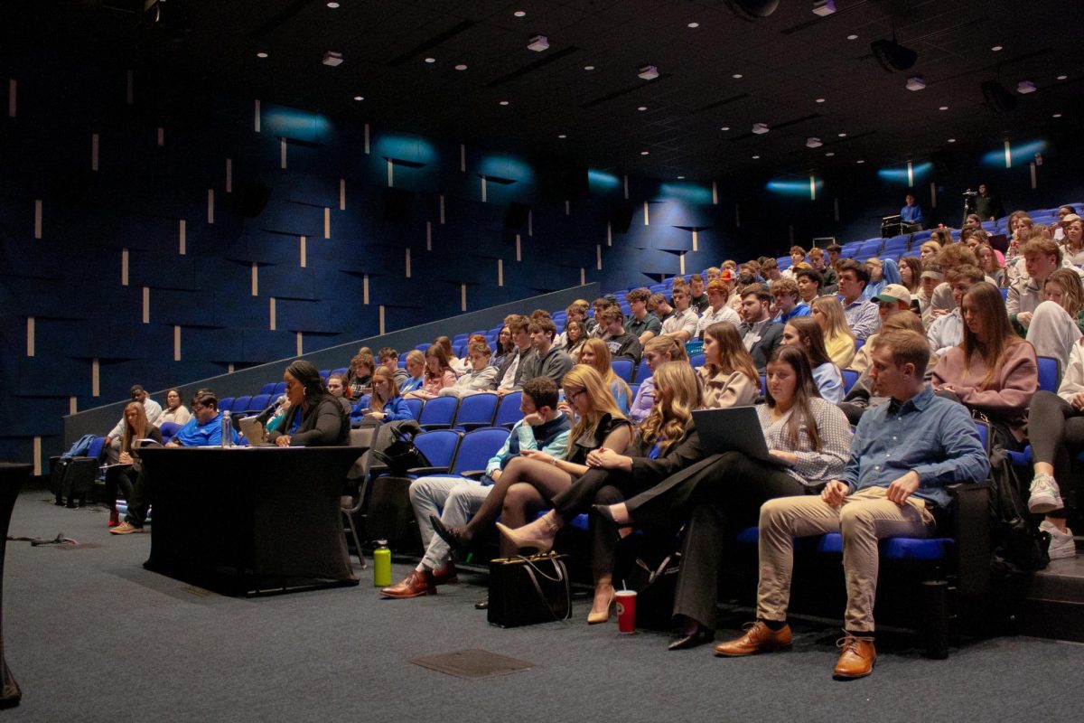 Participants gather in the Worsham Cinema to listen to the debate between SGA’s candidates for President and Vice President on Feb. 20, 2024, in Lexington, Kentucky, at the University of Kentucky. Photo by Christian Kantosky | Staff