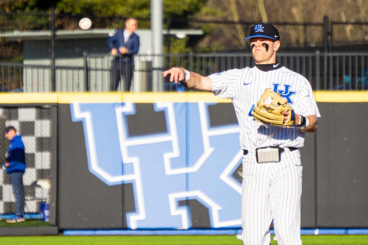 Kentucky Wildcats second baseman Emilien Pitre warms up during the Kentucky vs. Morehead State baseball game on Tuesday, Feb. 20, 2024, at Kentucky Proud Park in Lexington, Kentucky. Kentucky won 9-5. Photo by Isaiah Pinto | Staff