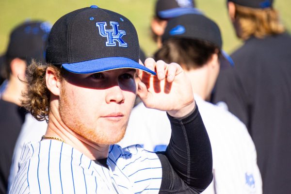 Kentucky Wildcats pitcher Travis Smith watches on during the Kentucky vs. Morehead State baseball game on Tuesday, Feb. 20, 2024, at Kentucky Proud Park in Lexington, Kentucky. Kentucky won 9-5. Photo by Isaiah Pinto | Staff