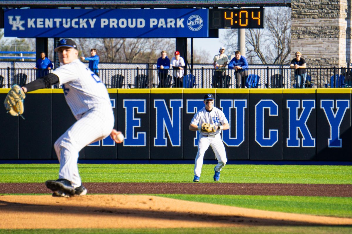 Kentucky Wildcats second baseman Emilien Pitre watches as pitcher Drew Lafferty pitches on the mound during the Kentucky vs. Morehead State baseball game on Tuesday, Feb. 20, 2024, at Kentucky Proud Park in Lexington, Kentucky. Kentucky won 9-5. Photo by Isaiah Pinto | Staff