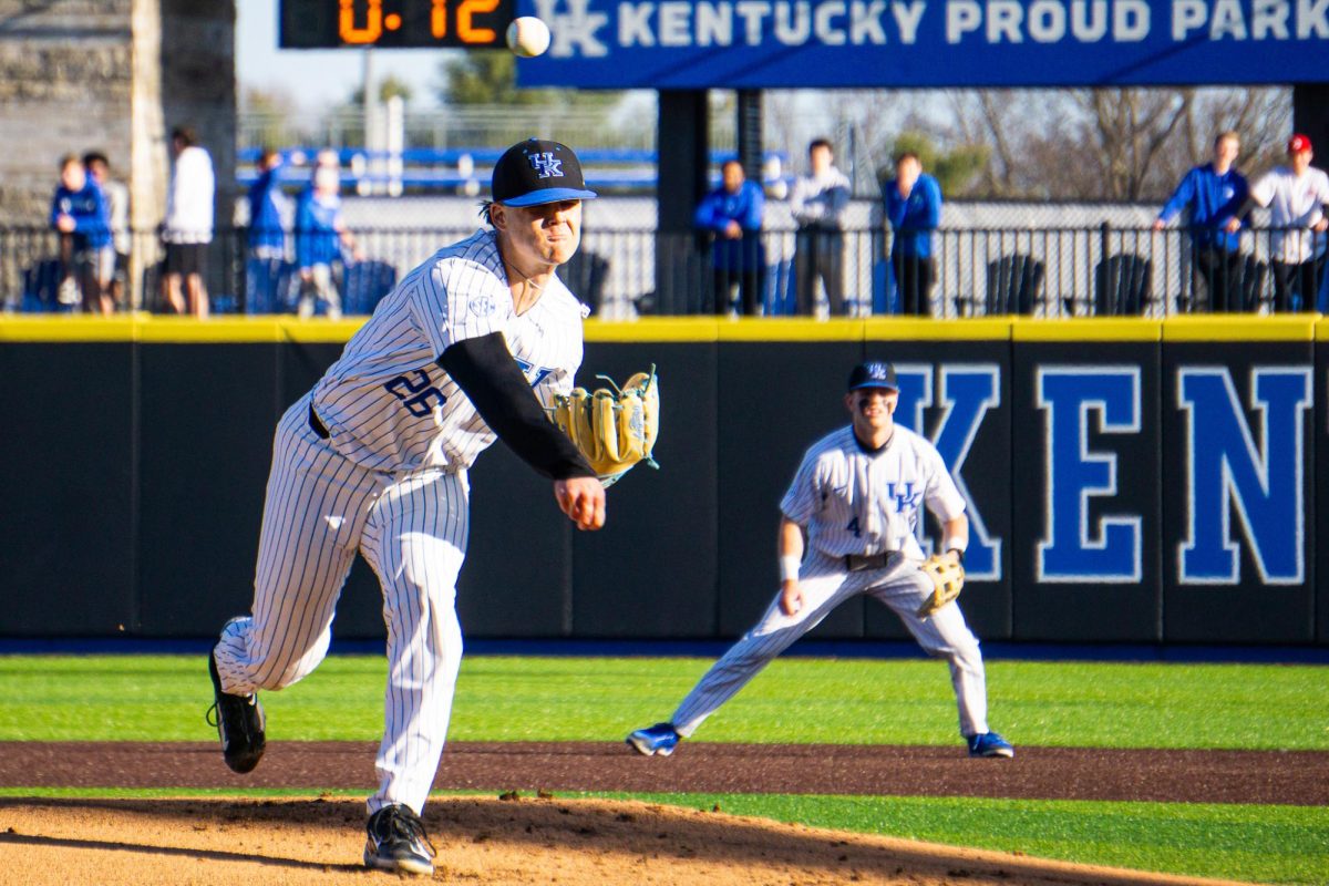 Kentucky Wildcats pitcher Drew Lafferty pitches on the mound during the Kentucky vs. Morehead State baseball game on Tuesday, Feb. 20, 2024, at Kentucky Proud Park in Lexington, Kentucky. Kentucky won 9-5. Photo by Isaiah Pinto | Staff