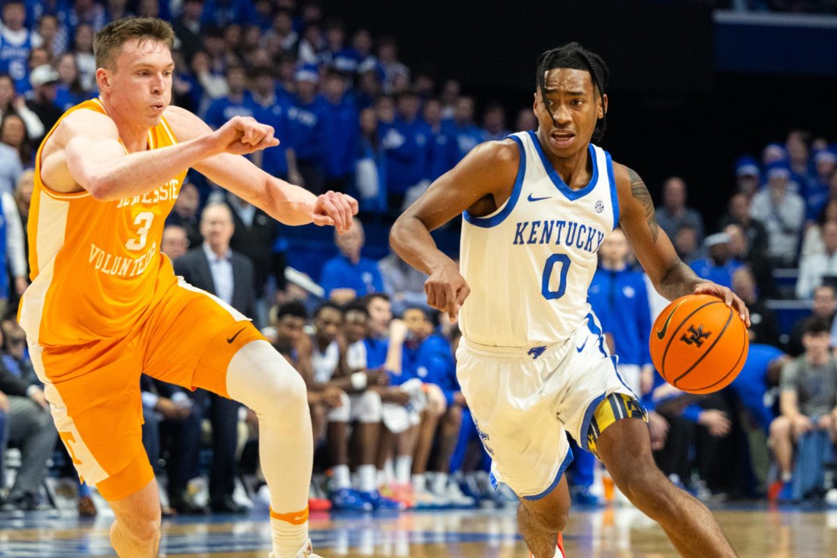 Kentucky guard Rob Dillingham drives past a defender during the Kentucky vs. Tennessee mens’s basketball game on Wednesday, Feb. 3, 2024, at Rupp Arena in Lexington, Kentucky. Kentucky lost 103-92. Photo by Isaiah Pinto | Staff