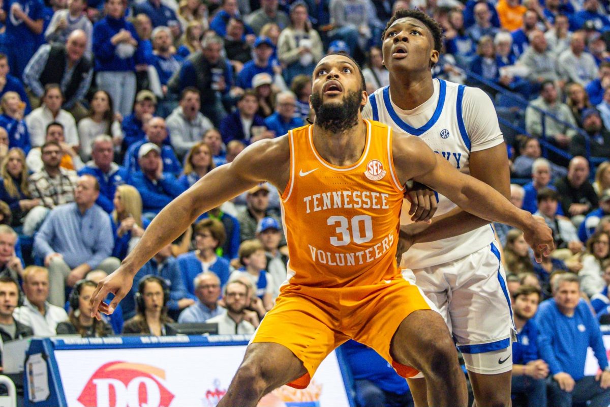 Kentucky guard Adou Thiero is boxed out by Tennessee guard Josiah-Jordan James during the Kentucky vs. Tennessee men’s basketball game on Saturday, Feb. 3, 2024, at Rupp Arena in Lexington, Kentucky. Photo by Isaiah Pinto | Staff